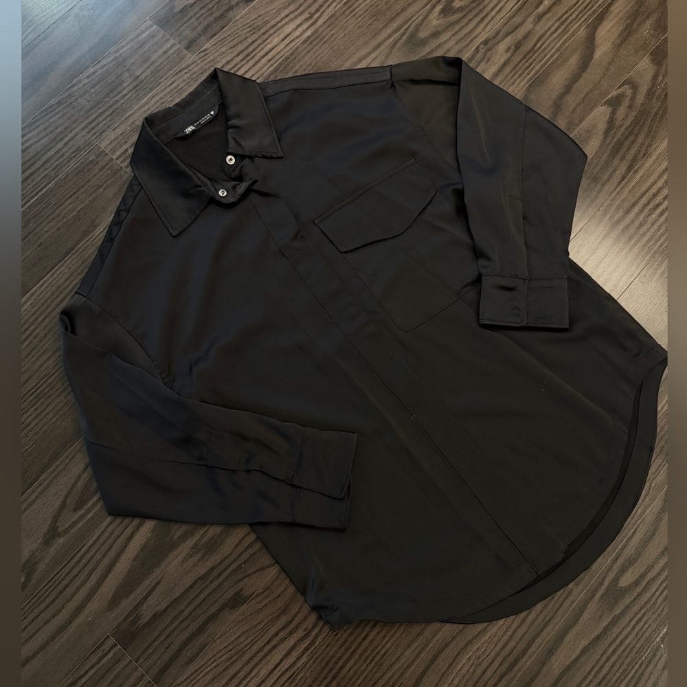 Zara Oversized Stain Effect Black Button-Up Shirt XS